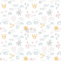 斯堪的纳维亚无缝图案与彩色手绘有机形状，云彩，皇冠和其他涂鸦元素。矢量时尚设计完美的打印，传单，横幅