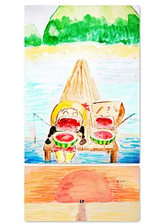 夏蚀  的插画 海边。西瓜。日落