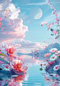 3d scenery by water with flowers and plants in summer, in the style of sky-blue and pink, interdimensional landscapes, influenced by ancient chinese art, rococo-inspired art, eye-catching composition, loish, joyful celebration of nature