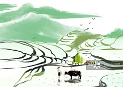 春天的梯田和梯田里的人们图片素材