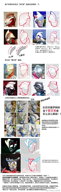 质问箱收到了有趣的问题于是做了没有什么卵用的教程（）

如果有想360º观察头雕建议买软胶玩具来当参考，软胶除了偷色过分没有缺点
比起教程更像是我自己的笔记，画画本来就像找规律一样，规律的线条更流畅更有美感，后排夸一夸历代的奥特曼设计老师们。 ​​​​