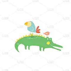 可爱的鳄鱼或短吻鳄和鸟类卡通动物，婴儿和儿童打印设计矢量插图