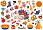 A collection of illustrations of various types of dishes with turkey and autumn decorations