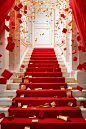 Confetti flowing down the stairs inside a red box, in the style of luxurious interiors, white and gold, piles/stacks, clean and simple designs, decorative borders, wrapped, felt creations