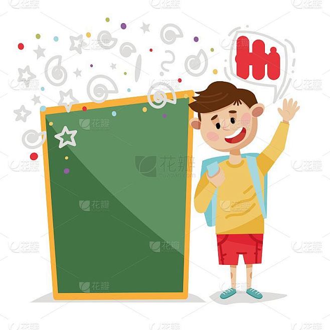卡通风格的快乐学校男孩向我们招手。