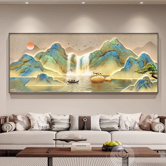千里江山图客厅装饰画新中式山水画大气横幅靠山图沙发背景墙挂画-tmall.com天猫-花瓣网