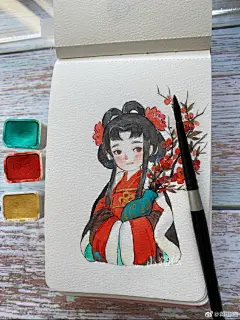 山猫水彩插画分享超话#年度灵感记录#
届笑春桃兮，云堆翠髻；唇绽樱颗兮，榴齿含香
#快进2020##手账##古风##遇见艺术# 2长沙·井圭路 ​​​​