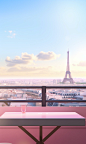 A empty pink table with a view of the eiffel tower, in the style of rendered in cinema4d, soft focus, studyplace, nusch éluard, blurry details, windows vista, uhd image