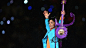 Prince performing at the 2007 Super Bowl Halftime Show in Florida.