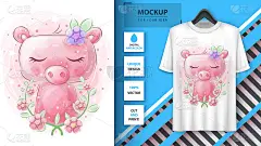 可爱的水彩猪海报和商品