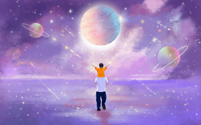 唯美星球父子父亲节背影星空原创插画海报素.