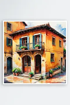 手绘油画老房子四合院儿童插画-众图网