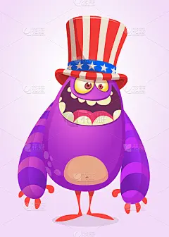 卡通滑稽的怪物戴着美国山姆大叔的帽子在美国独立日。矢量插图的外星生物的角色