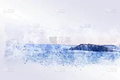 抽象彩色山峰和海水在水彩插画背景上。