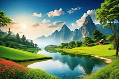 晴空画作创作植物湖面美景湖水插画图片