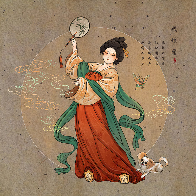中国唐代丰腴美人，整体用色参考了唐代女性最为喜爱的红绿搭配，体现出人物开朗活泼的性格