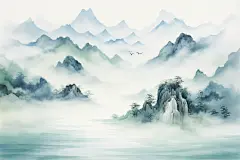 山峦云雾画作山峰水墨画插画图片