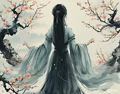 4x3_水墨风格_中国风女孩_水墨长裙_性情冷淡_双手微微举起_全身组成_1