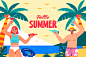 夏季夏天海边沙滩旅游度假冲浪游泳热带风景插画海报ai设计素材-淘宝网