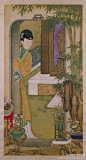 【 清 佚名 《倚门观竹》 】《雍亲王题书堂深居图屏》之三。绢本设色，94×184cm，北京故宫博物院藏。