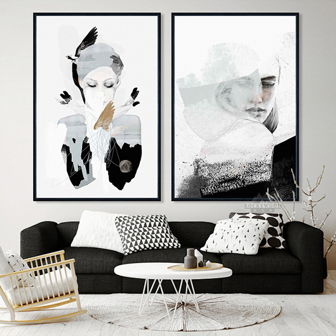 简约现代沙发背景墙客厅装饰画北欧黑白人物...