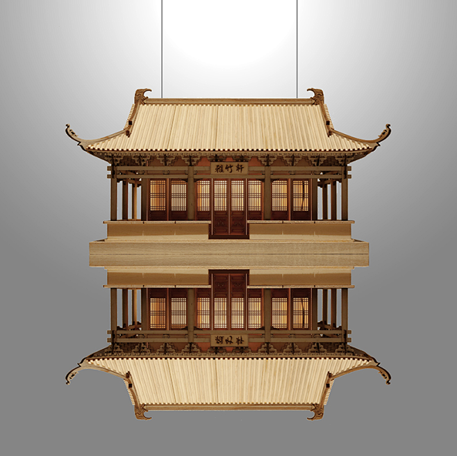 新中式禅意古建筑模型木制工艺品倒影空中楼...