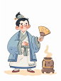 古代男孩拿着扇子煎药插画