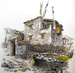 旧村落写生，用水性马克笔绘制的乡村民居手绘。来自夏克梁先生作品.