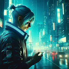 Ai产生的, 男人, 夹克, 赛博朋克, 未来派, 城市, 氖, 反乌托邦