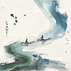 水墨画细致，描绘了远处三个小人物在海浪环绕的岛屿上划船。抽象