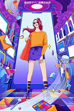 线描扁平风双十一竖版插画