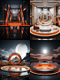 Minimalist space exhibition stage scene,High-end outdoor fitness brand style,Night,3D device,Orange and white,super side angle,3D rendering,leica lens,hyper realistic,Ultra HD picture quality --ar 3:4 --s 350