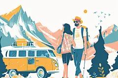 扁平风旅游旅行徒步插画