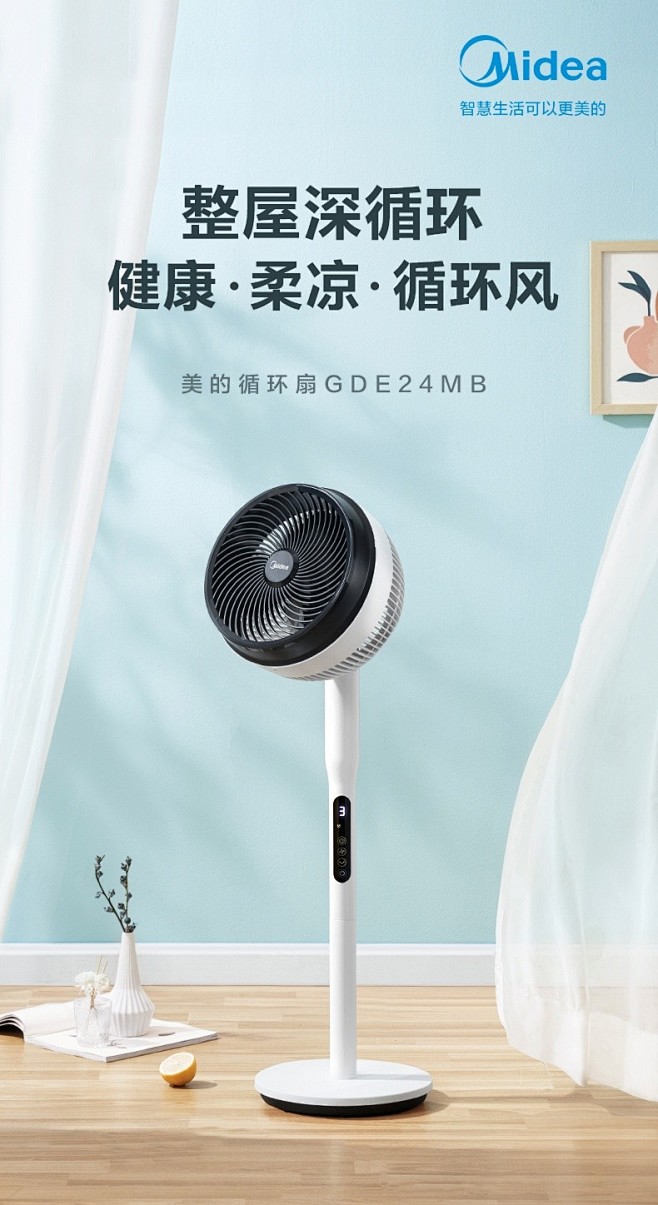 美的(Midea)电风扇空气循环扇直流变频智能遥控风扇家用卧室客厅大风量落地扇台扇静音摇头净化循环扇 温随风变(2021款GDE24MB ...