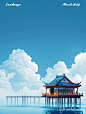 illustration of 'shanghai', in the style of sky-blue white and amber, minimalist, in style of scarlett hooft graafland, colorful animations, dutch landscape, blue and white, didier barra, endurance art --ar 3:4