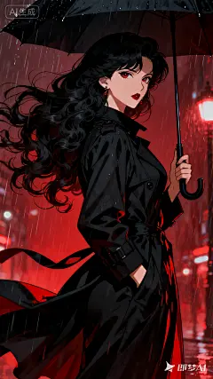 jimeng-2025-09-28-3226-黑暗风格插画，古早动漫风格，暗红色背景，华丽的画风，黑色长波浪卷发美艳女性，风吹