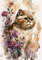 水彩风格英国短毛猫艺术插画矢量图设计素材