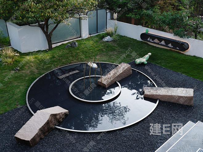 现代示范区入口圆形水景 禅意水景 抽象蜘蛛雕塑小品 自然面景石