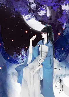 古风美人  古装  手绘~月下饮茶，念卿天涯。