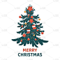 有冷杉树和装饰品的圣诞快乐明信片。现代可爱风格的矢量插图.