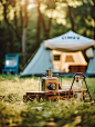 Camping on grass in the sun, retro movie style, still life photography, natural scenery, lens focus camping tabletop, close-up, nikon d850, depth of field, no words