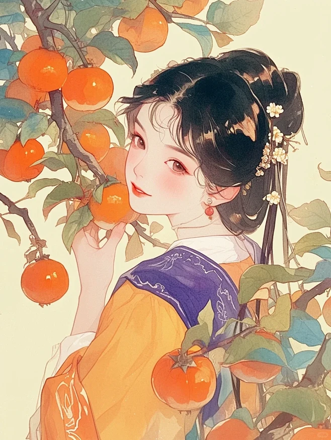 柿柿如意｜古风好运柿子少女插画头像｜A1...