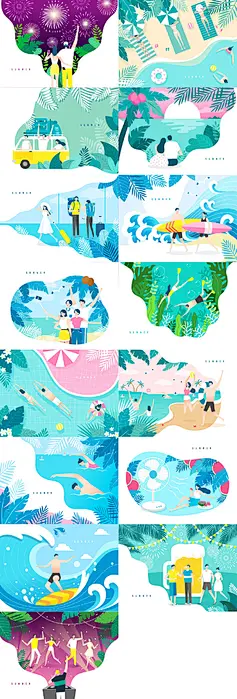 夏季热带海边旅行情侣冲浪泳池烟花植物绿叶插画矢量素材