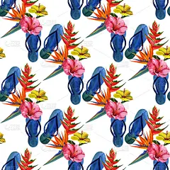 水彩人字拖无缝模式。手绘花卉插画