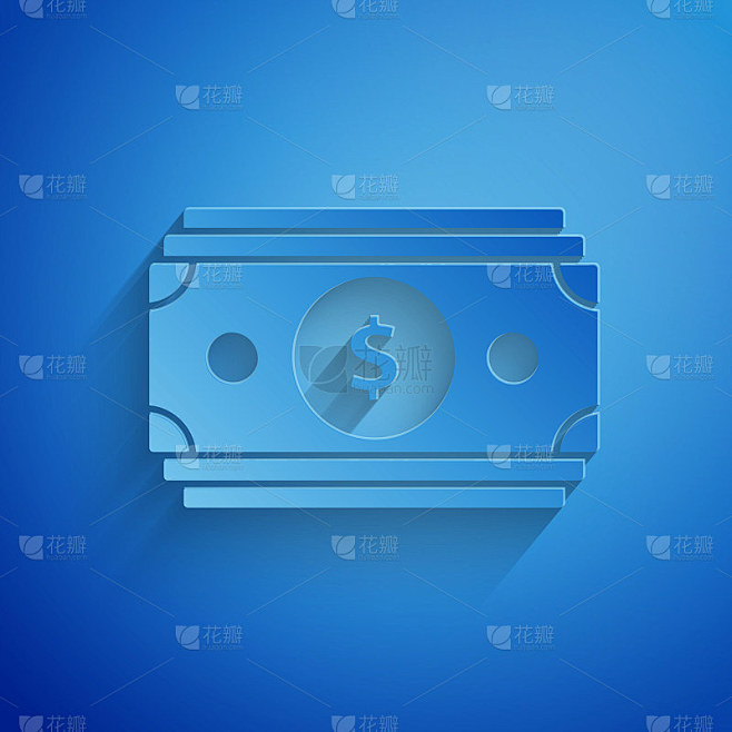 纸钱现金图标孤立在蓝色背景。钱钞票栈。比尔的货币。纸艺术风格。矢量图