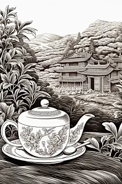 AI数字艺术复古铜版画茶园茶叶插画-众图网