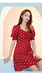 ONE MORE2020夏季新款红色波点连衣裙方领泡泡袖中长款A字裙女装-tmall.com天猫