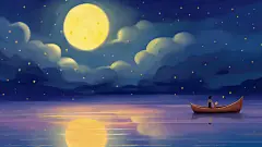 女孩乘船赏月治愈唯美插画电脑唯美壁纸月亮夜晚插画唯美夜景风景大海