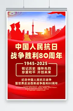红色大气抗日战争胜利抗战胜利纪念日80周年标语海报