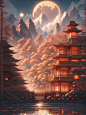00400-2405957459-Oriental architectural pavilions, archway, behind the huge bright moon, mountains, (panoramic view _1